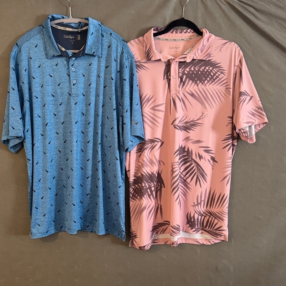 Walter Hagen Blue and Pink Leaf Patterned Men's Polos